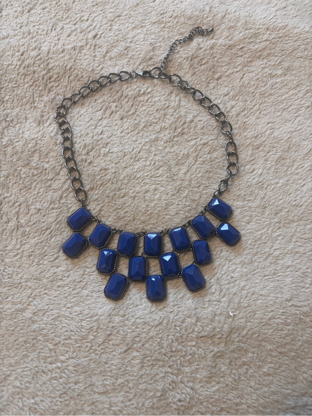 Cobalt Blue Faceted Statement Bib Necklace Gunmetal Chain Adjustable